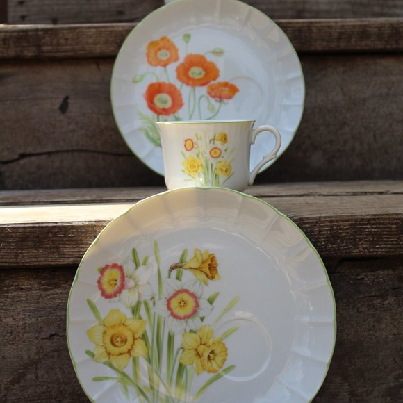 1950s MCM Vintage Flower Coffee Tea Mug Matching Plate Complete Set of 4 - Picture 8 of 16